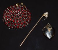 Victorian stick pin set with pearls in the form of a clover and a rose cut diamond, amber heart
