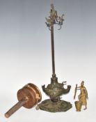 Chinese bronze incense burner with figural lizard and bird decoration, Tibetan prayer wheel and