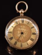 Unnamed 14ct gold open faced pocket watch with blued hands, black Roman numerals, engraved gold dial