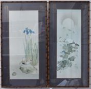 Two Chinese pictures including one with Mandarin ducks and Irises, largest 82 x 35cm