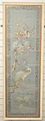 Early/mid 20thC Chinese embroidery of birds, flora and fauna, 166 x 51cm