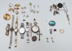 A collection of watches including Rotary and costume jewellery including 9ct gold earring backs (0.
