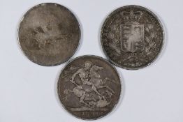 1845 wreath crown, 1894 crown and a poor George III example