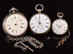 Three silver open faced pocket watches comprising E Wise of Manchester centre seconds chronograph on