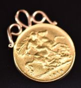 George V 1913 gold half sovereign in pendant mount, 4.4g