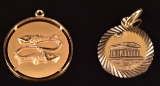 An 18k gold pendant depicting Pisces birth sign (2g) and a 14k gold pendant depicting the