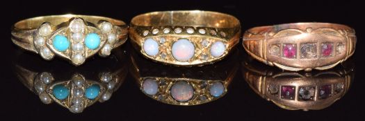Victorian 18ct gold ring set with opals and diamonds (2.5g), 15ct gold ring (2.4g) and a yellow