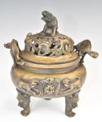 Chinese covered bronze censer, with dog of Fo finial and seal mark to base, height 18cm