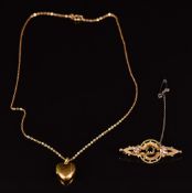 A 9ct gold chain (1g), 9ct gold back and front locket and a 9ct gold brooch 1.6g, 40cm long