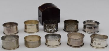 Ten various hallmarked silver napkin rings, to include a boxed example, weight of all rings 203g