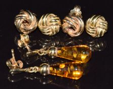 A pair of 18ct gold knot earrings (3.5g), 9ct gold knot earrings (1.7g) and a pair of 9ct gold