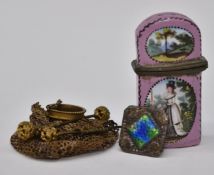 Vintage French purse, enamel case with scent bottle to inside and figural decoration, and an