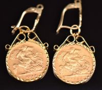 A pair of 9ct gold earrings set with 1894 and 1900 gold half sovereigns, 10.1g
