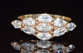 A 9ct gold ring set with marquise cut paste, 3.3g, size L