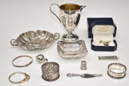 Hallmarked silver items comprising jug with weighted base, bon bon dish with pierced decoration,