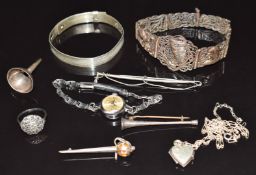 A collection of silver jewellery including Charles Horner brooch, Tudor watch, crop brooch,