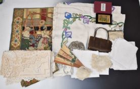 Vintage leather case containing a tapestry, Persian rug, vintage bags, linen and lace, Japanese