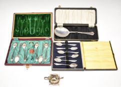 Cased hallmarked silver serving spoon, cased hallmarked silver set of six teaspoons and a hallmarked
