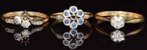 Three 18ct gold rings set with sapphires and diamonds, 7.2g