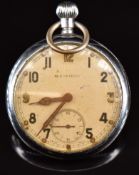 Leonidas keyless winding open faced military pocket watch with inset subsidiary seconds dial,
