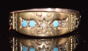A late Victorian ring set with a diamond and faux turquoise, 1.6g, size O