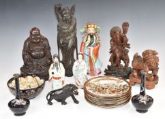 Chinese and Japanese ceramics and carvings including wire inlaid figure, Satsuma plates, Chinese