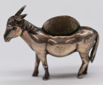 George V hallmarked silver novelty pin cushion formed as a donkey, Birmingham 1922, maker Levi &