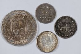 1805 Irish 5d token VF, together with a Charing Cross 1811 6d token F, a Victorian 1887 halfcrown