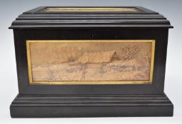 19thC coromandel or similar wood workbox, set with five watercolour panels depicting winter rural