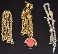 Victorian white metal fob chain with tassel charm, and two rolled gold Alberts/ watch chains