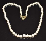 A single strand of cultured pearls with a yellow metal floral clasp,19.4g