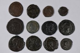 Twelve Roman Imperial AE4 and AE3/4 coins comprising Constantinius I and II, Theodosius I and II,