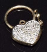 A 9ct gold heart padlock clasp set with diamonds, 2g
