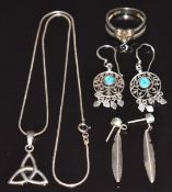 Clogau silver ring with gold detail and silver jewellery set with turquoise