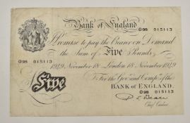 Beale white £5 banknote dated 18th November 1949 098 015113