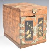 Japanese Meiji period parquetry and lacquer travelling vanity chest with lift up lid, three