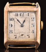 Art Deco 9ct gold gentleman's wristwatch with subsidiary seconds dial, blued hands, black Arabic