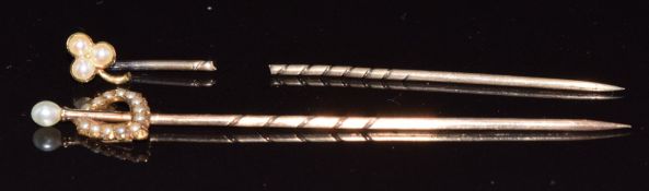 Edwardian stick pin set with seed pearls and a natural pearl in the form of a heart, and another