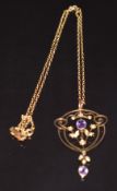 Edwardian 9ct gold pendant set with amethysts and seed pearls, on 9ct gold chain, 5.4g, 44cm long