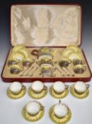 Edward VII cased hallmarked silver mounted porcelain tea set in case with additional items, the case