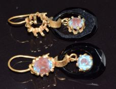 A pair of Victorian gilt earrings set with saphiret and jet, 3.7g, 2.8cm