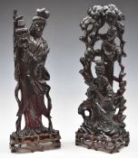 Pair of 18th/19thC Chinese carved cherry amber figures of Guanyin and a pair of musicians raised