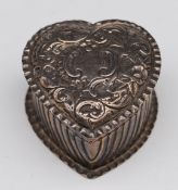 Victorian hallmarked silver heart shaped trinket box with embossed decoration, Birmingham 1891,