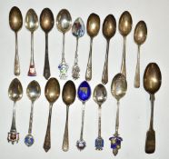 Souvenir and other silver teaspoons, mostly hallmarked but some 800 grade, weight 213g