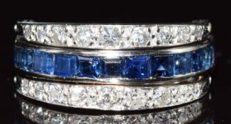 Art Deco 18ct white gold eternity ring set with calibre cut sapphires and rubies, with two hinged
