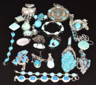 A collection of silver necklaces/ chains and pendants set with turquoise and faux turquoise