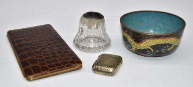 Hallmarked silver mounted match striker, cloisonné bowl, Dunhill leather wallet, length of wallet