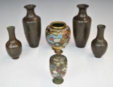 Two pairs of Japanese bronze vases, one pair with character mark to base, and two cloisonné vases,