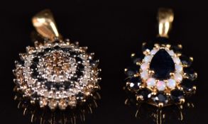 Two 9ct gold pendants, one set with sapphires and opals the other black, champagne and clear