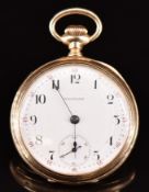 Waltham 14ct gold keyless winding open faced pocket watch with subsidiary seconds dial, blued hands,